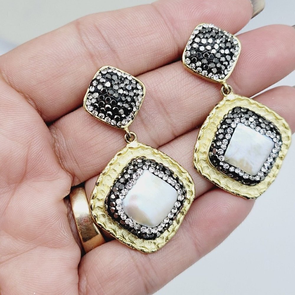 Rhinestone Geometric Square Drop Dangle Earrings Pearl Black Satin Gold Tone
